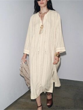 Zara Mango Pale Cream Long Sleeve Striped Tunic Dress NWT